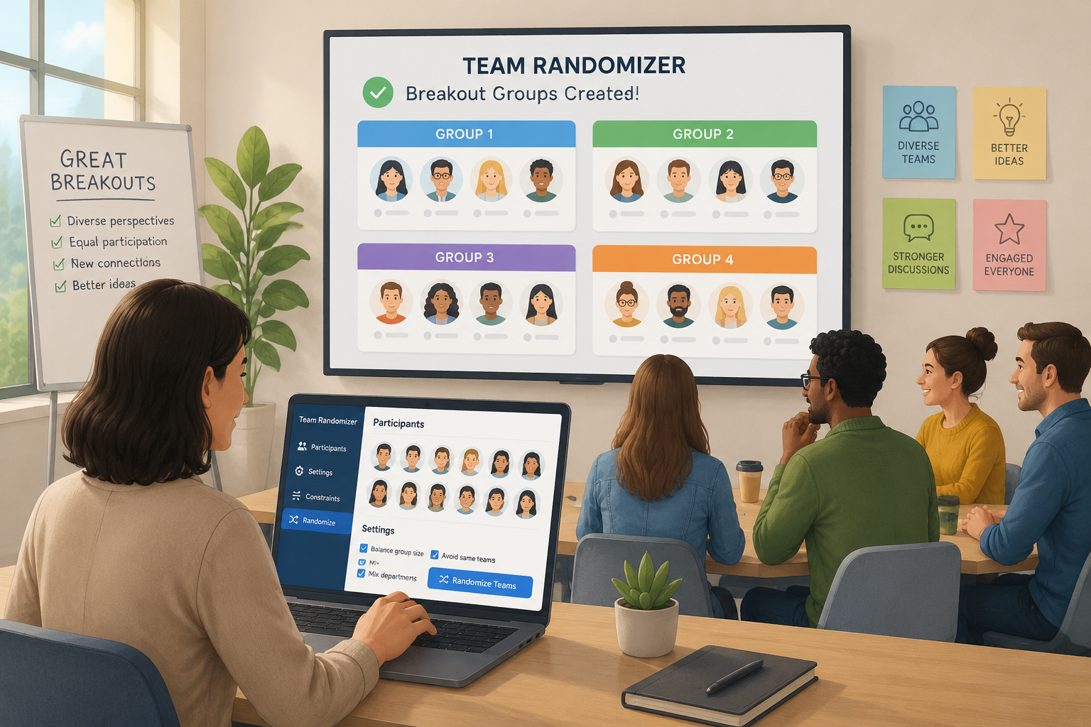Facilitator using a digital team randomizer on a laptop while participants are assigned into breakout groups on a screen