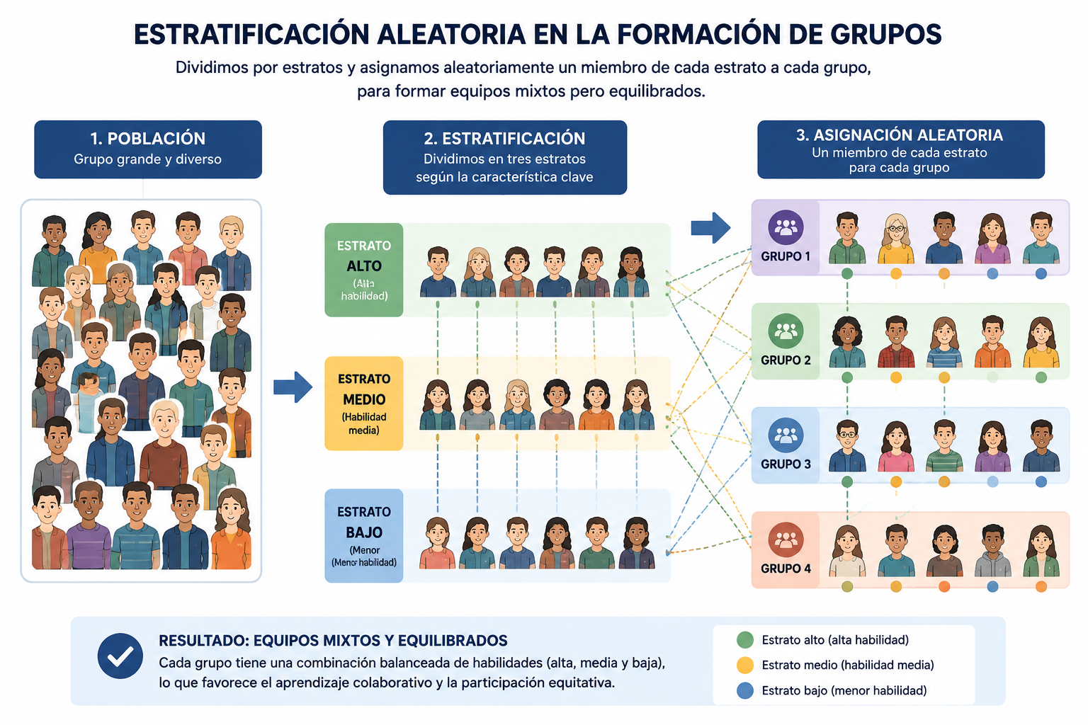 Diagrama que muestra un grupo grande dividido en tres estratos (alto, medio, bajo) y cómo cada estrato aporta un miembro a cada uno de los cuatro grupos, resultando en equipos mixtos pero equilibrados