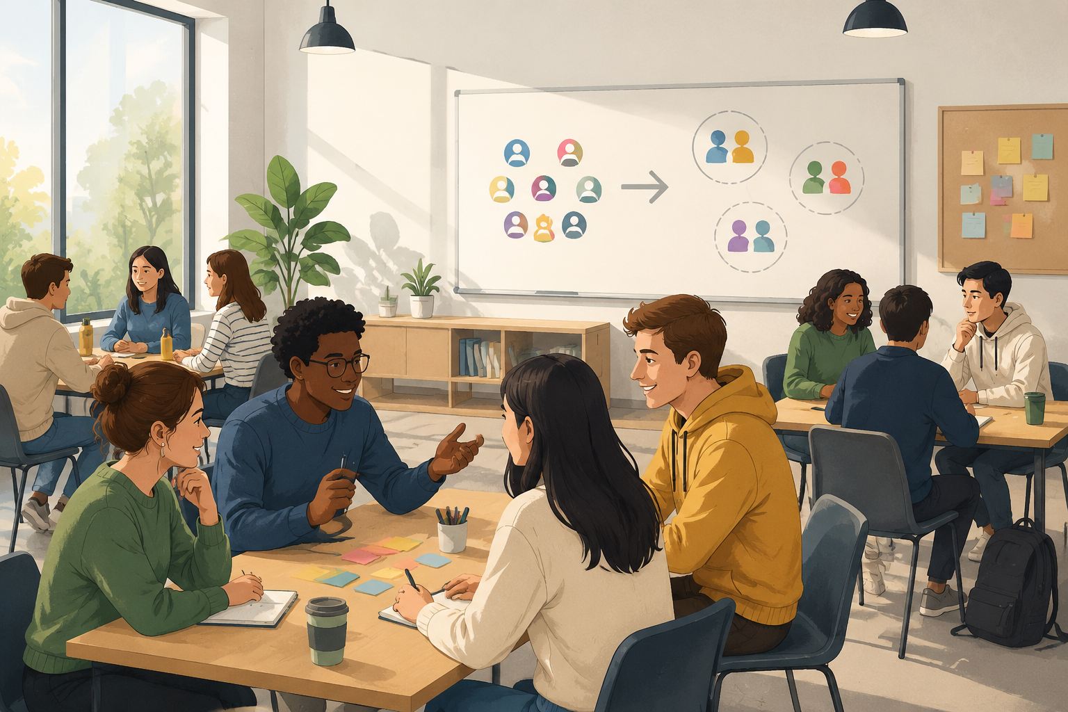 Salle de classe moderne avec étudiants répartis en petits groupes autour de tables de travail