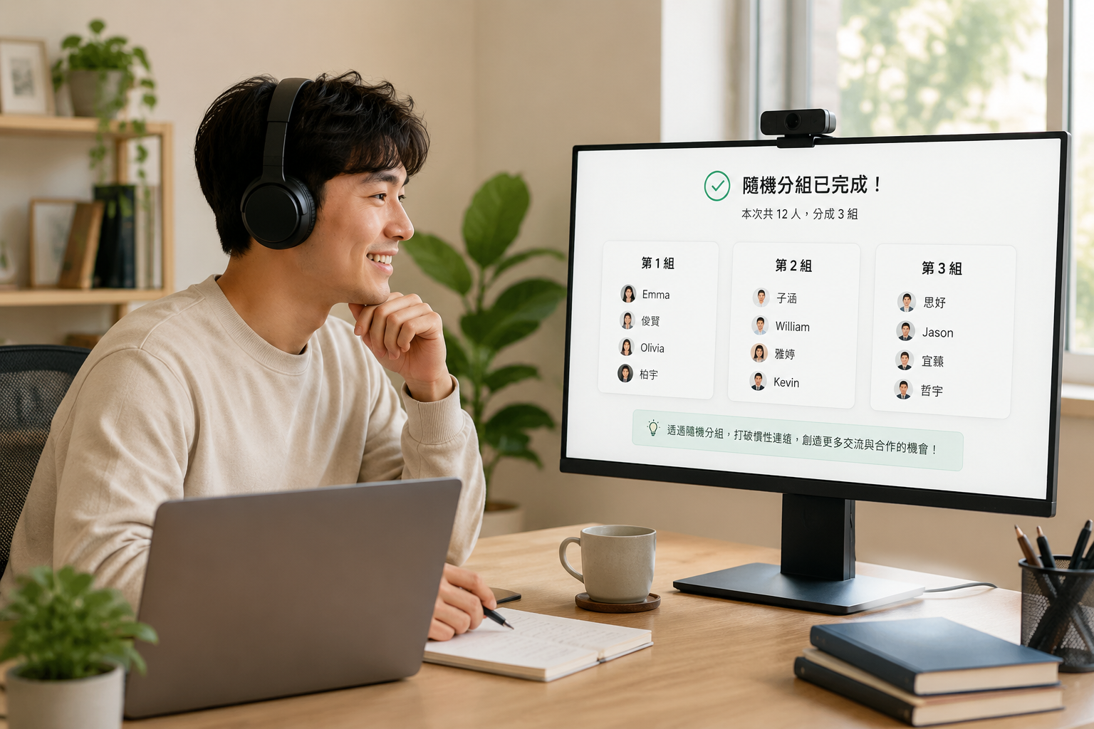 一名戴著耳機的遠端工作者,微笑看著第二個螢幕,螢幕上顯示一個極簡的隨機分組結果頁面,背景是整潔的書桌與柔和自然光