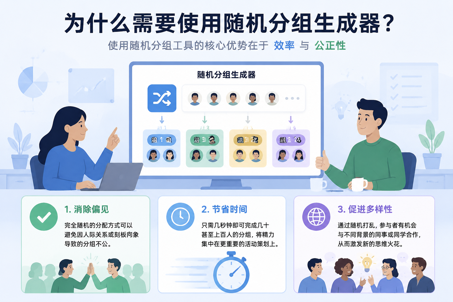 editorial knowledge graph illustration about 为什么需要使用随机分组生成器？. Section context: 使用随机分组工具的核心优势在于**效率**与**公正性**： 1. **消除偏见**：完全随机的分配方式可以避免因人际关系或刻板印象导致的分组不公。 2. **节省时间**：只需几秒钟即可完成几十甚至上百人的分组，将精力集中在更重要的活动策划上。 3. **促进多样性**：通过随机打乱，参与者有机会与不同背景的同事或同学合作，从而激发新的思维火花。, loca