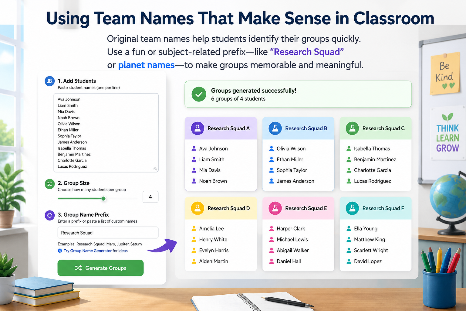 clean tool interface showing pasted names, a slider for group size, a custom prefix field, and the resulting team cards