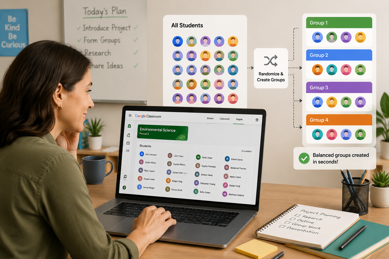teacher at desk, laptop showing Google Classroom next to a clean interface with colored student avatars being shuffled into groups