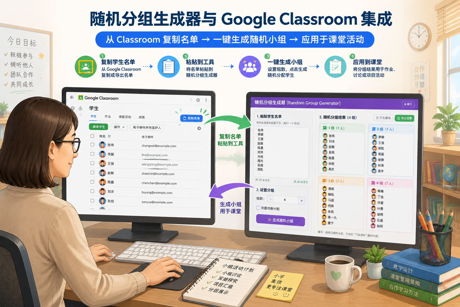 一位教师坐在电脑前,左侧屏幕显示 Google Classroom 学生名单,右侧显示随机分组生成器界面,箭头表示从 Classroom 复制名单并生成小组的过程,背景是明亮的教室风格插画。