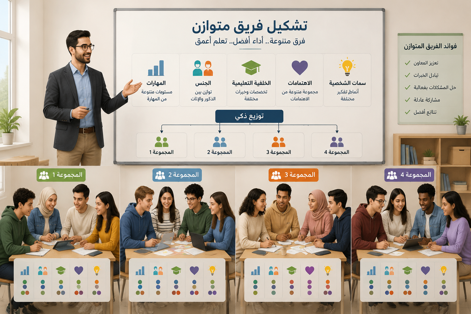 رسم توضيحي لعملية تشكيل فريق متوازن، يظهر مجموعة من الطلاب مقسمين حسب المهارات والاهتمامات بشكل منظم