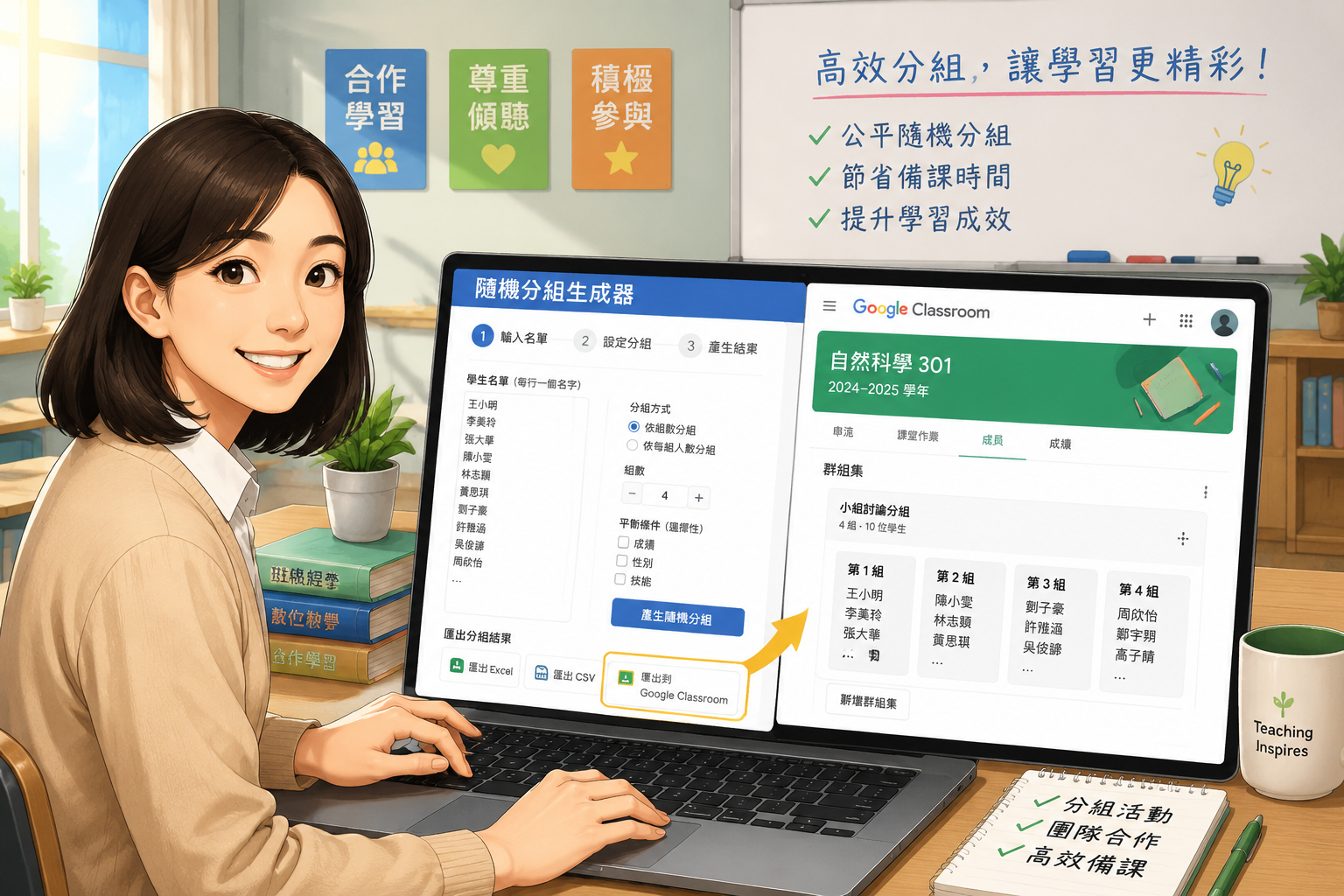 A teacher smiling while using a laptop, with a screen showing a random group generator tool and the Google Classroom interface side by side, clean illustration, bright classroom colors