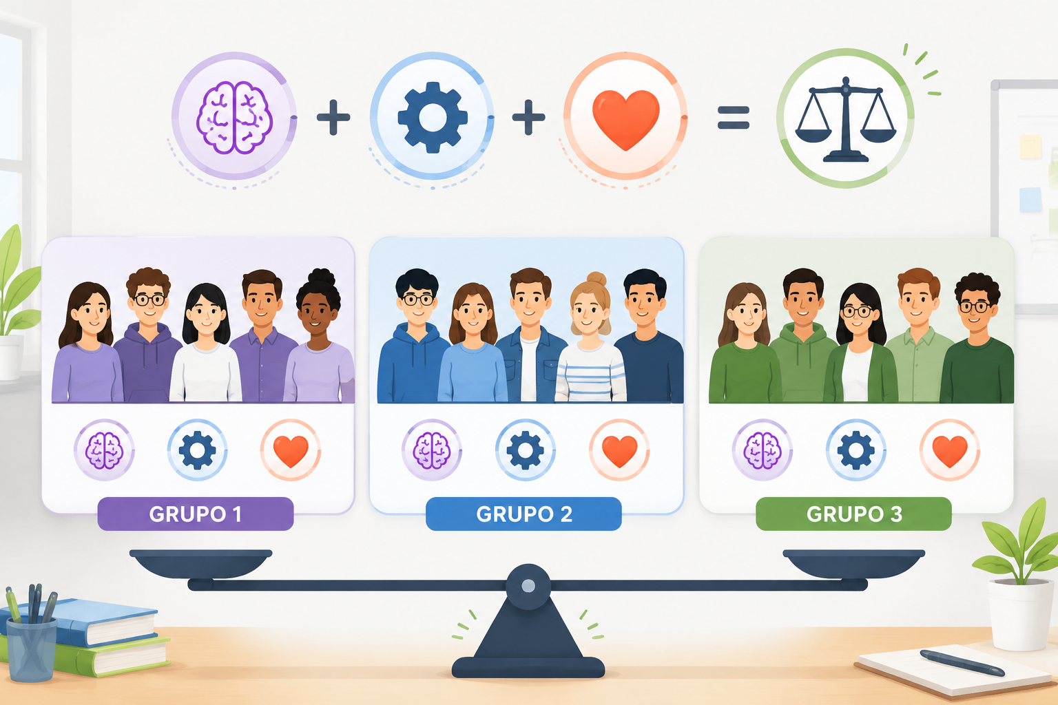 Diagrama limpio con tres grupos de cinco personas cada uno, donde iconos de cerebro, engranaje y corazón representan habilidades equilibradas, con una balanza gráfica que indica equilibrio.