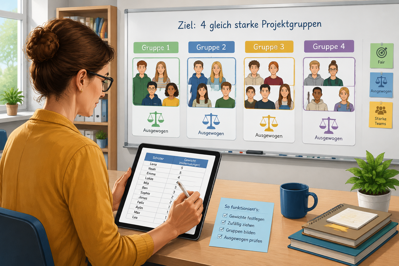 Eine Illustration, die eine Lehrerin zeigt, die eine Liste von Schülern mit Gewichten (Wiederholungen) auf einem Tablet notiert, um ausgewogene Projektgruppen zu bilden.