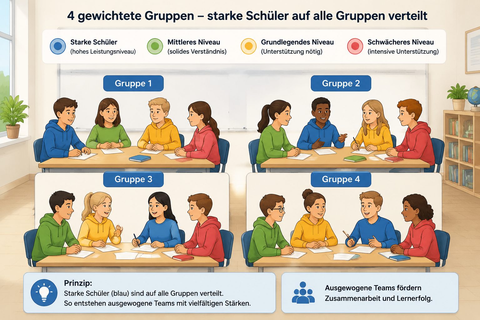 Eine schematische Darstellung von vier gewichteten Gruppen in einem Klassenzimmer, bei der die Farben das Leistungsniveau anzeigen – starke Schüler sind blau und auf alle Gruppen verteilt.