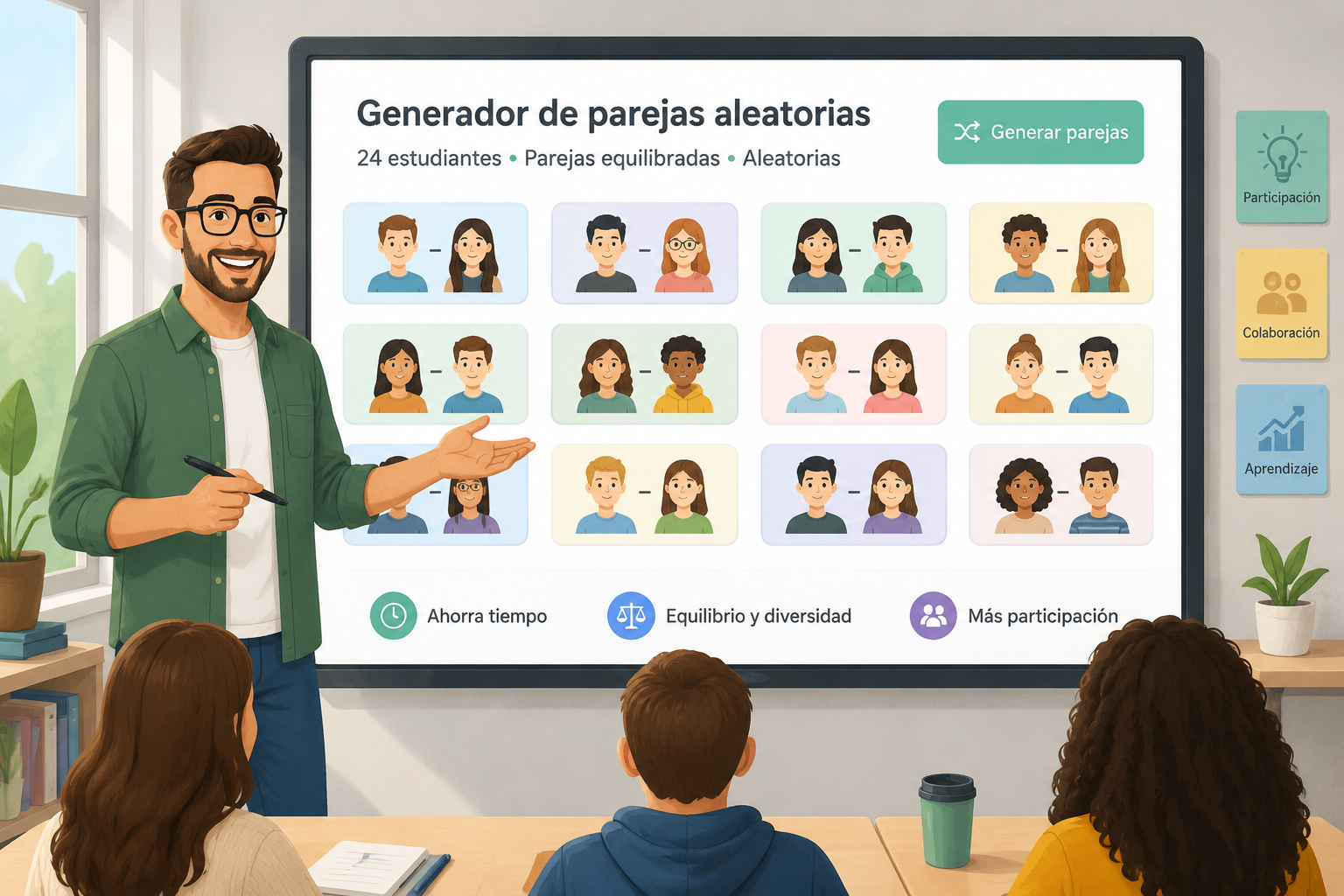 Ilustración de un profesor sonriente junto a una pizarra digital donde se muestran parejas de estudiantes formándose de manera aleatoria, con iconos simples y colores suaves