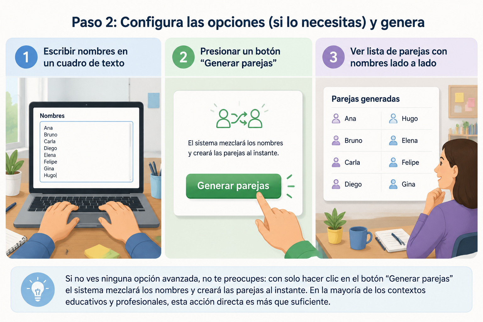 Diagrama con tres viñetas ilustradas: 1) Escribir nombres en un cuadro de texto; 2) Presionar un botón “Generar parejas”; 3) Ver lista de parejas con nombres lado a lado