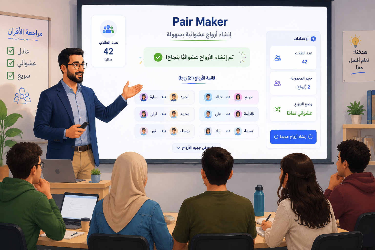 An illustration of a teacher projecting random pairs on a screen while students look on, with the tool's clean interface visible.