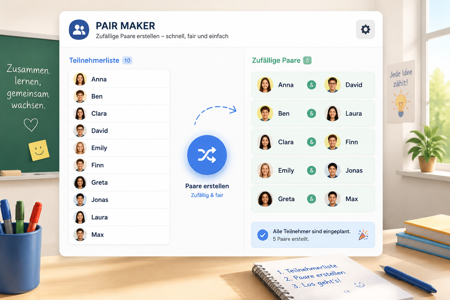 A digital interface showing a list of student names being randomly paired into two-person groups, with a bright and clean classroom-friendly design.
