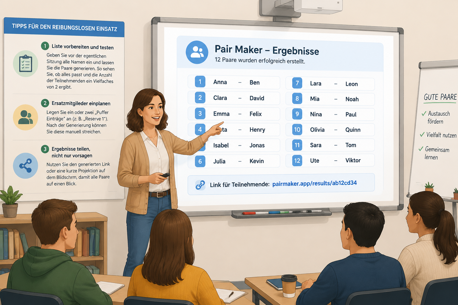 An illustration of a teacher pointing to an interactive whiteboard while a projector displays the Pair Maker result page with 12 pairs clearly listed.