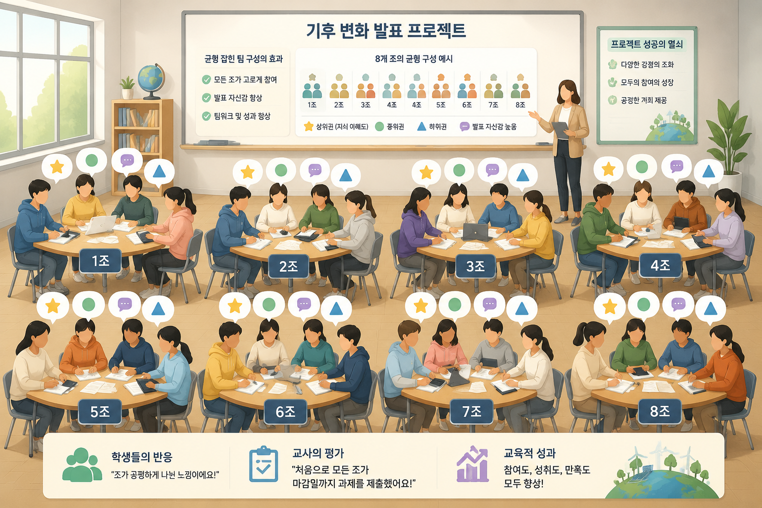 A calm classroom illustration with students sitting in small groups around tables; each group has a mix of different ability levels represented by abstract icons like light bulbs, stars, and speech bubbles, with no identifiable faces. Soft, bright palette.