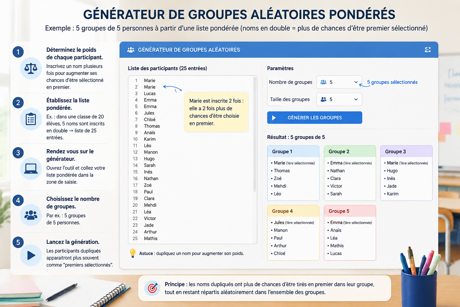 Capture d'écran schématique du générateur de groupes aléatoires montrant une liste de noms dont certains sont en double, avec le paramètre 5 groupes sélectionné.