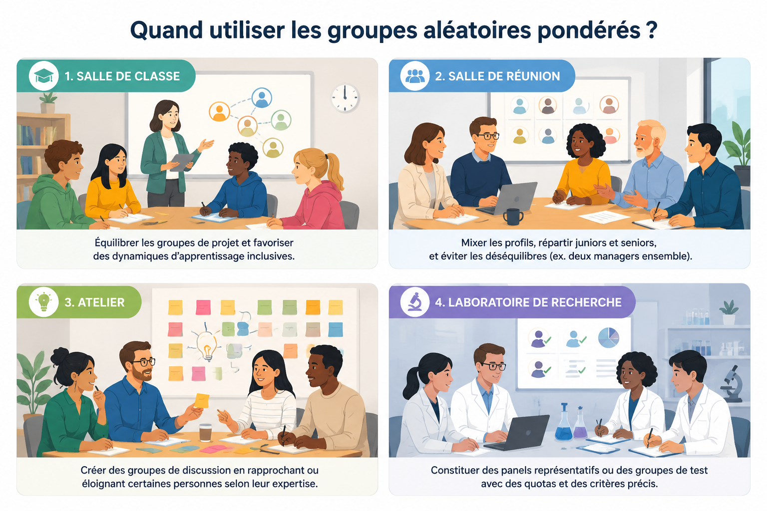 Graphique simple illustrant quatre cas d'usage : une salle de classe, une salle de réunion, un atelier avec des post-it, un laboratoire de recherche.