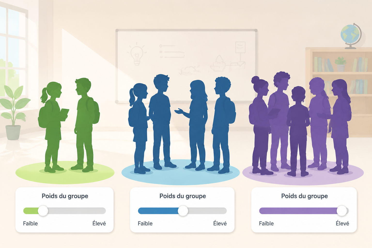 Illustration montrant des silhouettes d'élèves réparties en trois groupes de tailles différentes, avec un poids symbolisé par un curseur à côté de chaque groupe.