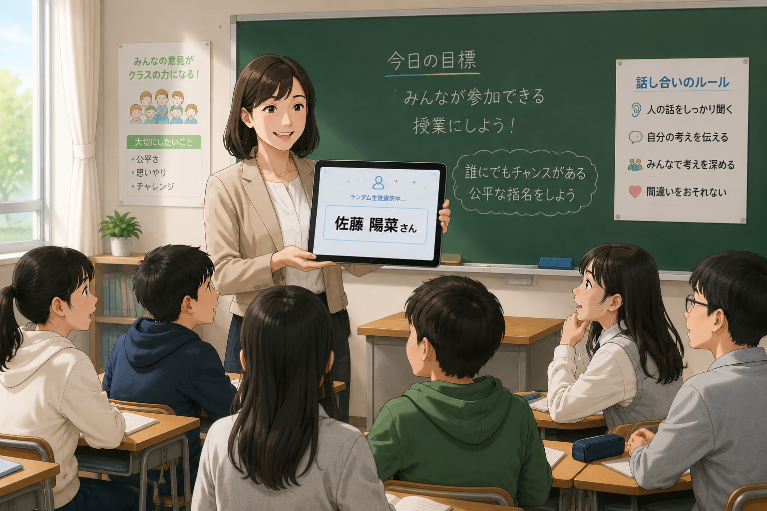An illustration of a classroom with a teacher holding a tablet displaying a randomly chosen student's name, while all students look at the screen with interest.