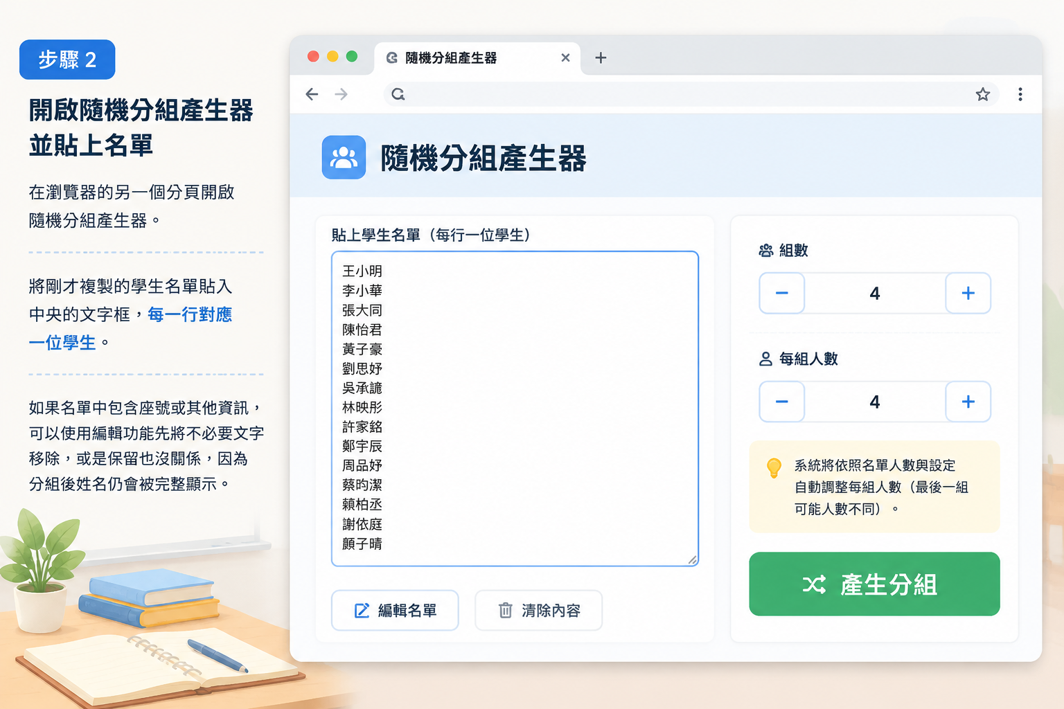簡潔的網頁介面示意圖,文字框中貼滿學生的名字,右側有「組數」和「每組人數」兩個選項按鈕,下方為「產生分組」按鈕,整體設計輕巧無干擾