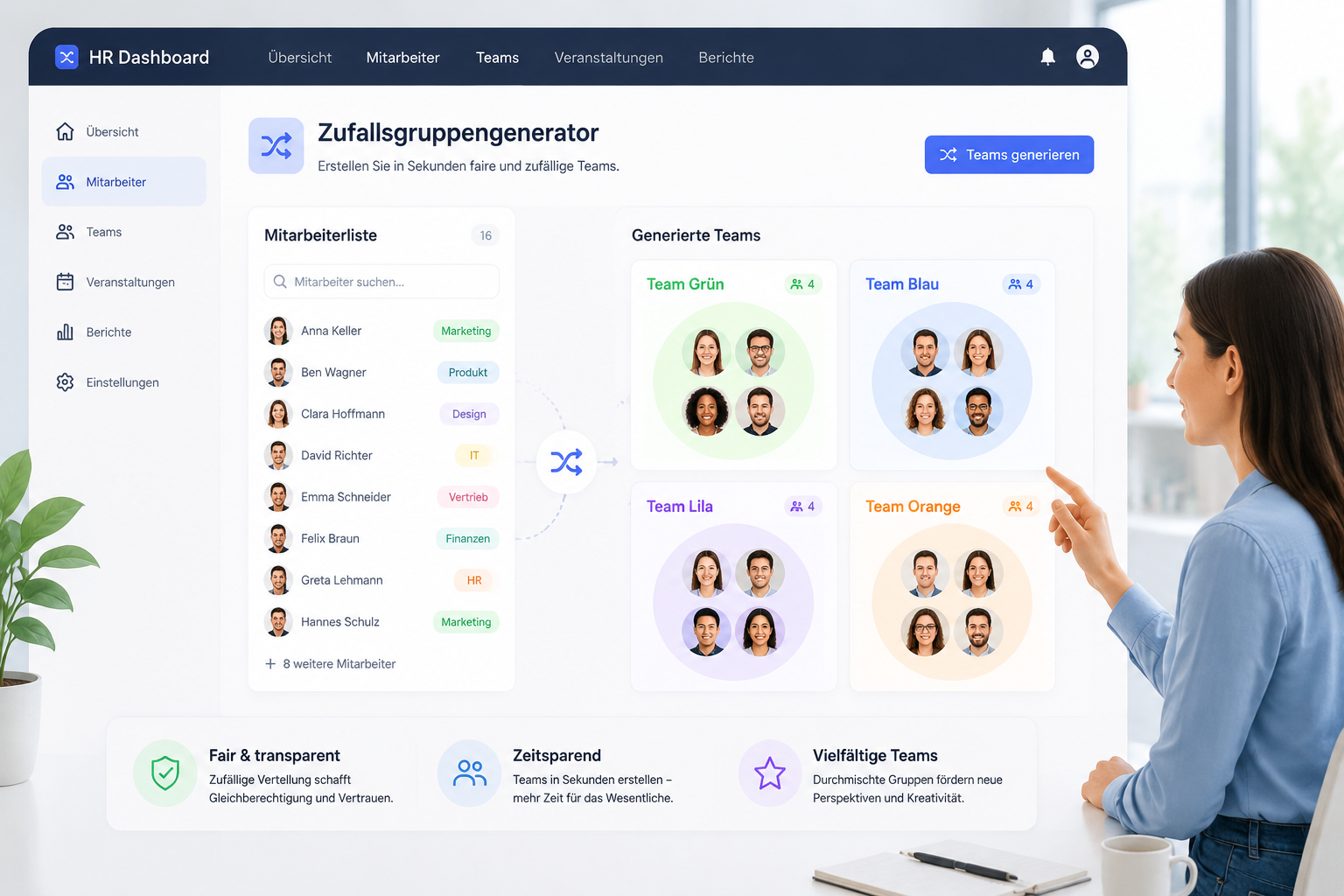 Illustration eines HR-Dashboards mit einem Zufallsgruppengenerator, der Mitarbeiterliste in farbige Kreise für Teams einteilt. Sauber, hell, modern.