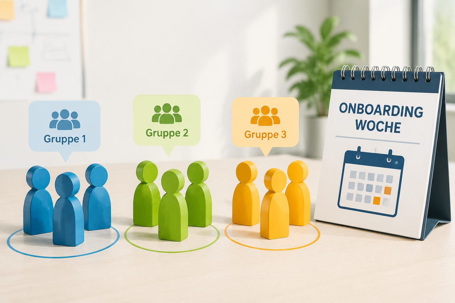 Symbole neuer Mitarbeiterfiguren, die in drei farbige Gruppen aufgeteilt werden, daneben ein Kalenderblatt mit dem Datum der Onboarding-Woche. Freundlich und einstiegsnah.