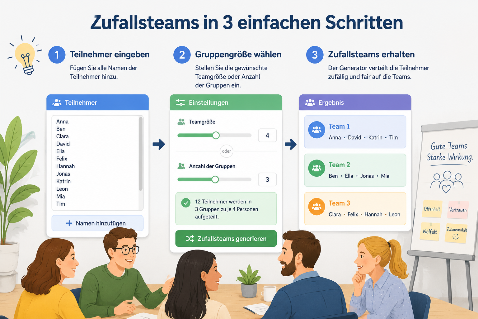 Schritt-für-Schritt-Illustration des Zufallsgruppengenerators: Eingabefeld für Teilnehmer, Schieberegler für Gruppengröße und Ausgabe farbiger Teamzuweisungen. Übersichtlich und einladend.