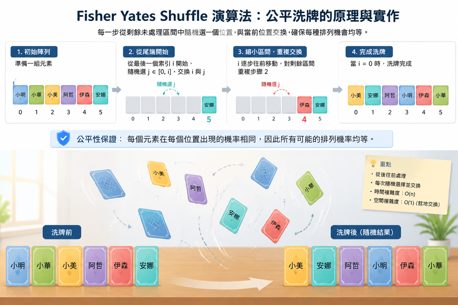 一張乾淨的教學插圖,顯示 Fisher-Yates 演算法猶如將一副寫有名字的卡片公平洗亂,每張卡片在空中翻轉並落在隨機位置上