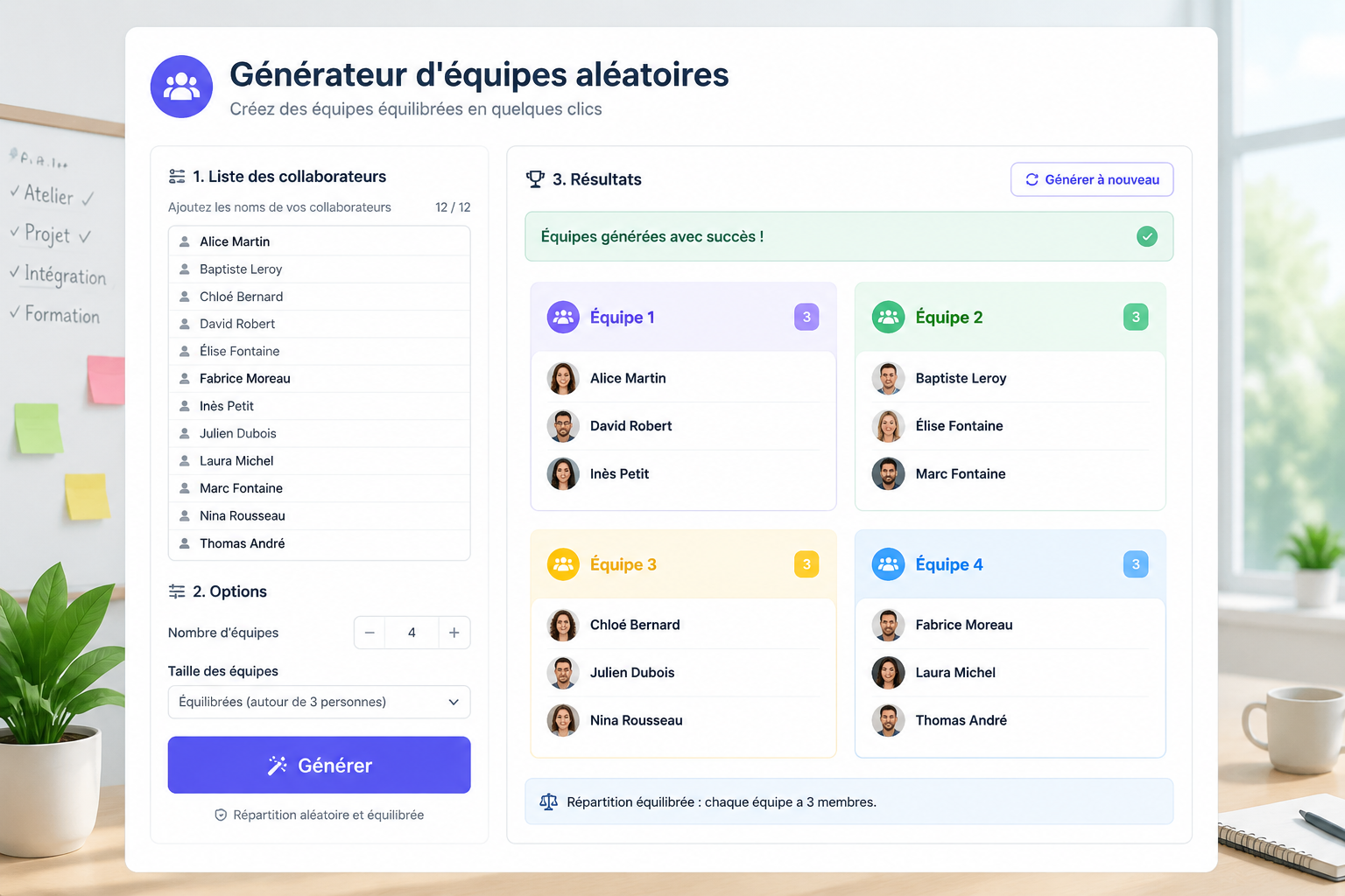 A clean web app interface showing a random team generator tool, where a list of employee names is being distributed automatically into balanced groups. The screen displays a "Generate" button and the results in colorful group boxes.