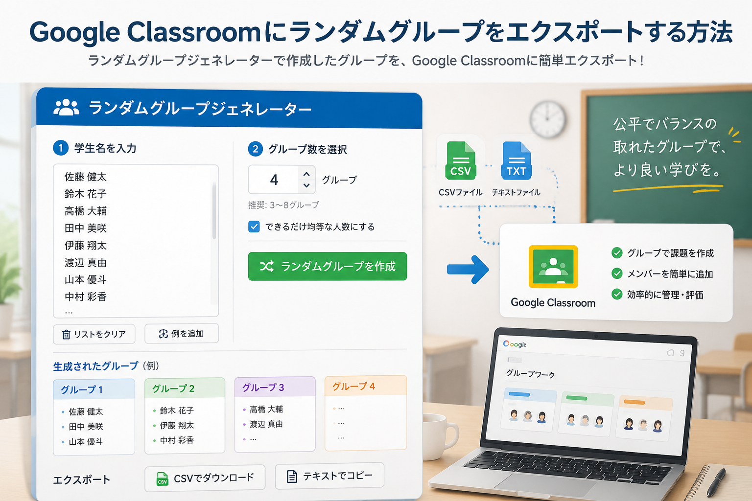 A clean interface of random group generator with student name input box and group count selection.
