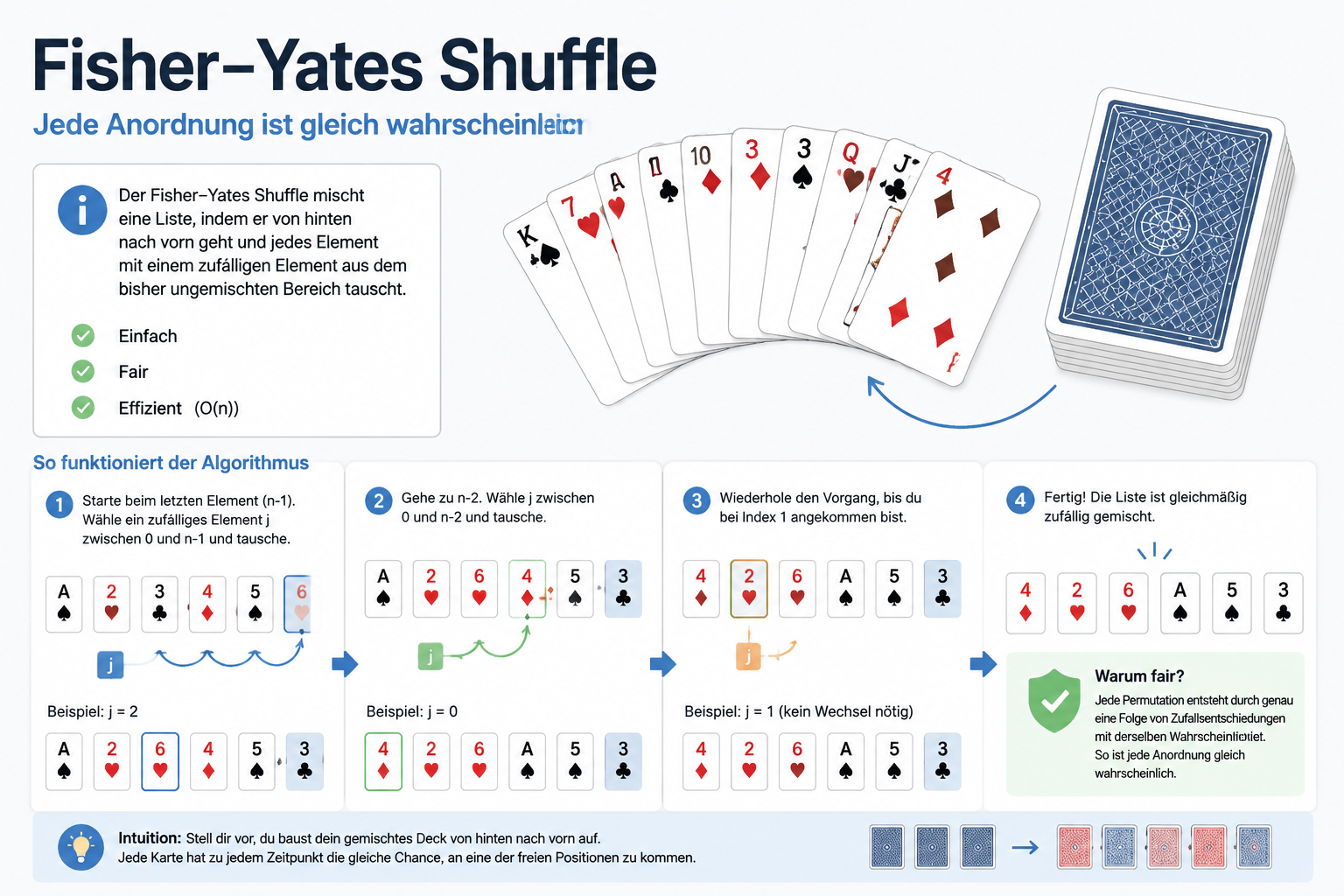 Vektorgrafik eines gemischten Kartenspiels, das als Metapher für eine zufällige Permutation dient, sauber und unterrichtsfreundlich gestaltet.