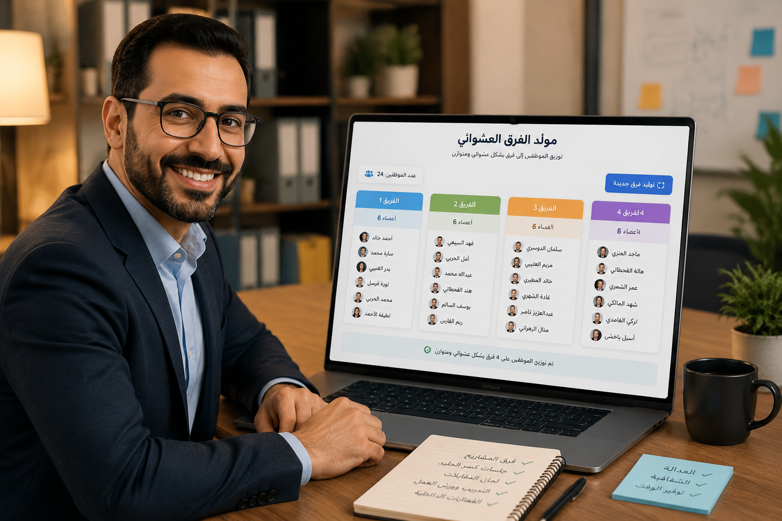 مدير موارد بشرية يبتسم وأمامه حاسوب محمول يعرض واجهة أداة توليد فرق عشوائية تُظهر مجموعات موظفين بألوان مختلفة، خلفية مكتبية دافئة