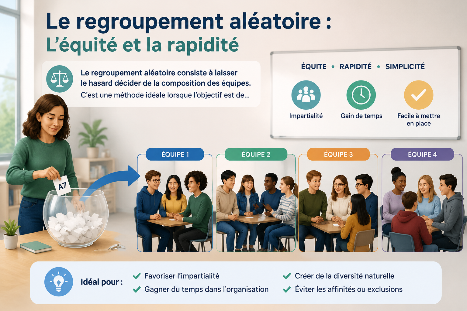 editorial knowledge graph illustration about Le regroupement aléatoire : L'équité et la rapidité. Section context: Le regroupement aléatoire consiste à laisser le hasard décider de la composition des équipes. C'est une méthode idéale lorsque l'objectif est de