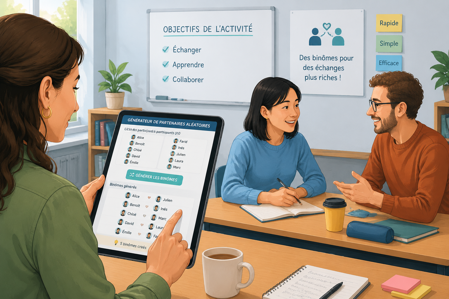 An illustration of a facilitator using a random partner generator app on a tablet, with two participants working together at a table, bright classroom setting.