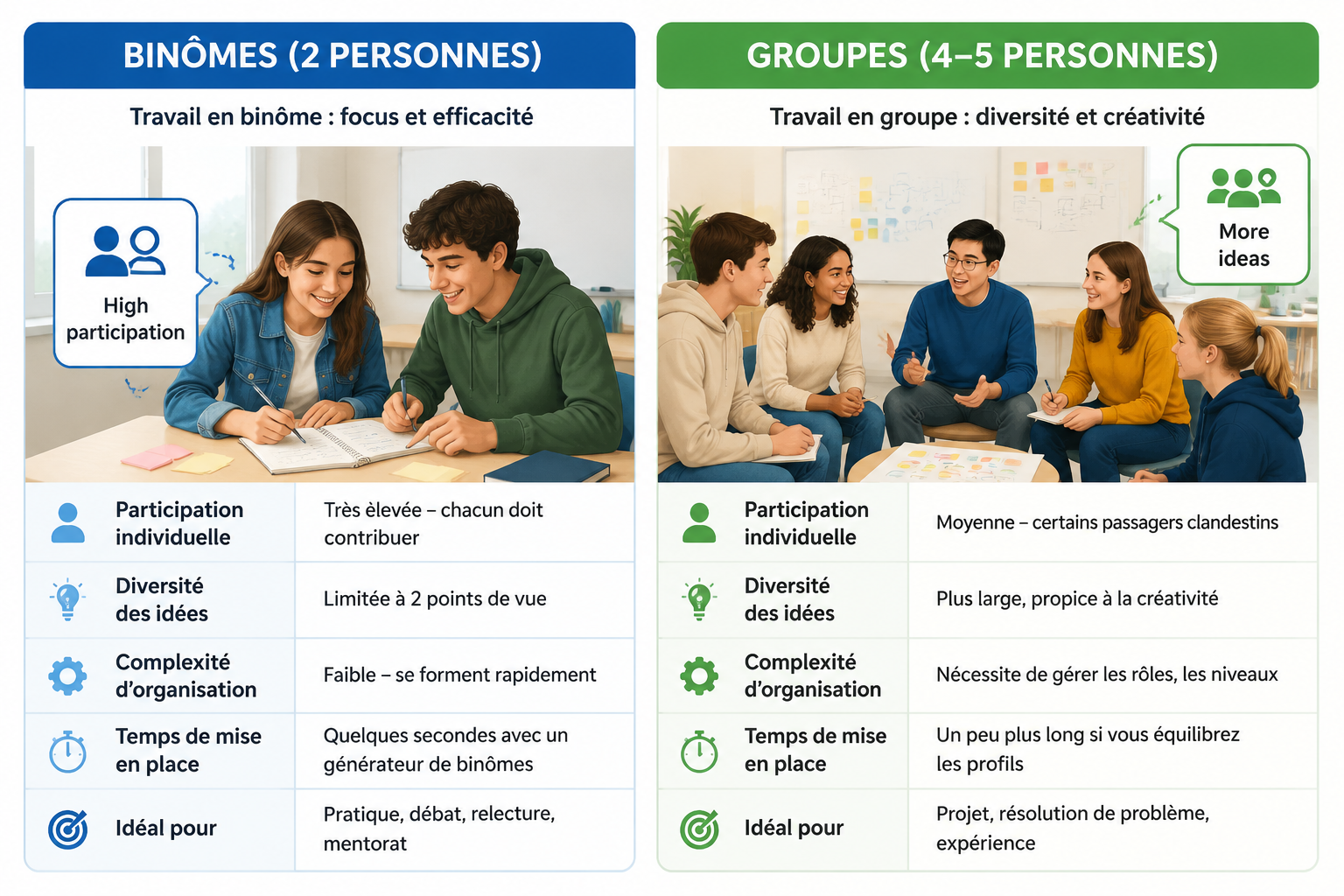 A simple comparison infographic showing two panels: one with two students working closely and the other with a larger group in a circle, annotated with "High participation" and "More ideas".