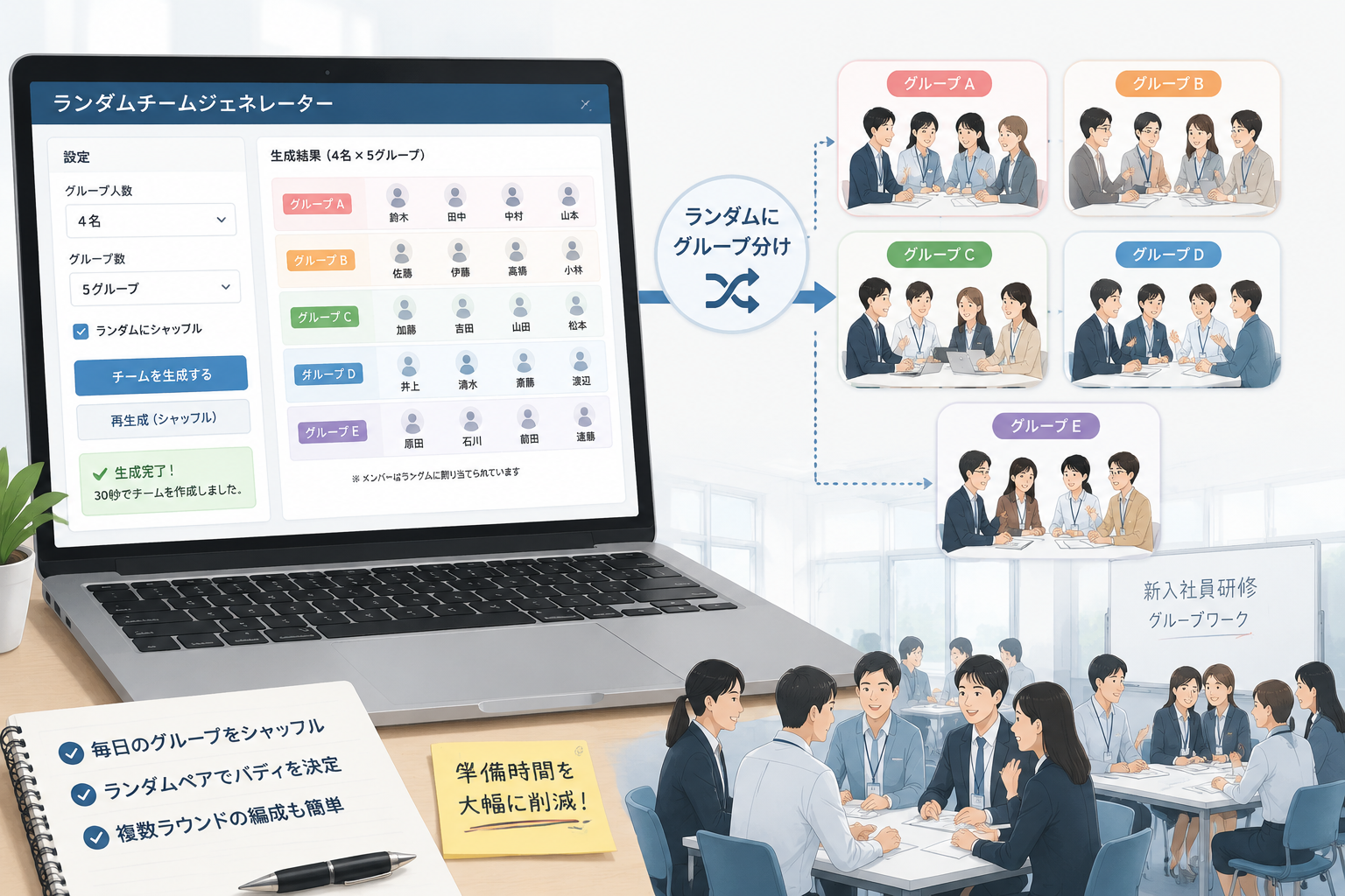 ラップトップ画面にランダムチームジェネレーターの操作画面と、数名の新入社員がランダムにグループ分けされる様子を示す図