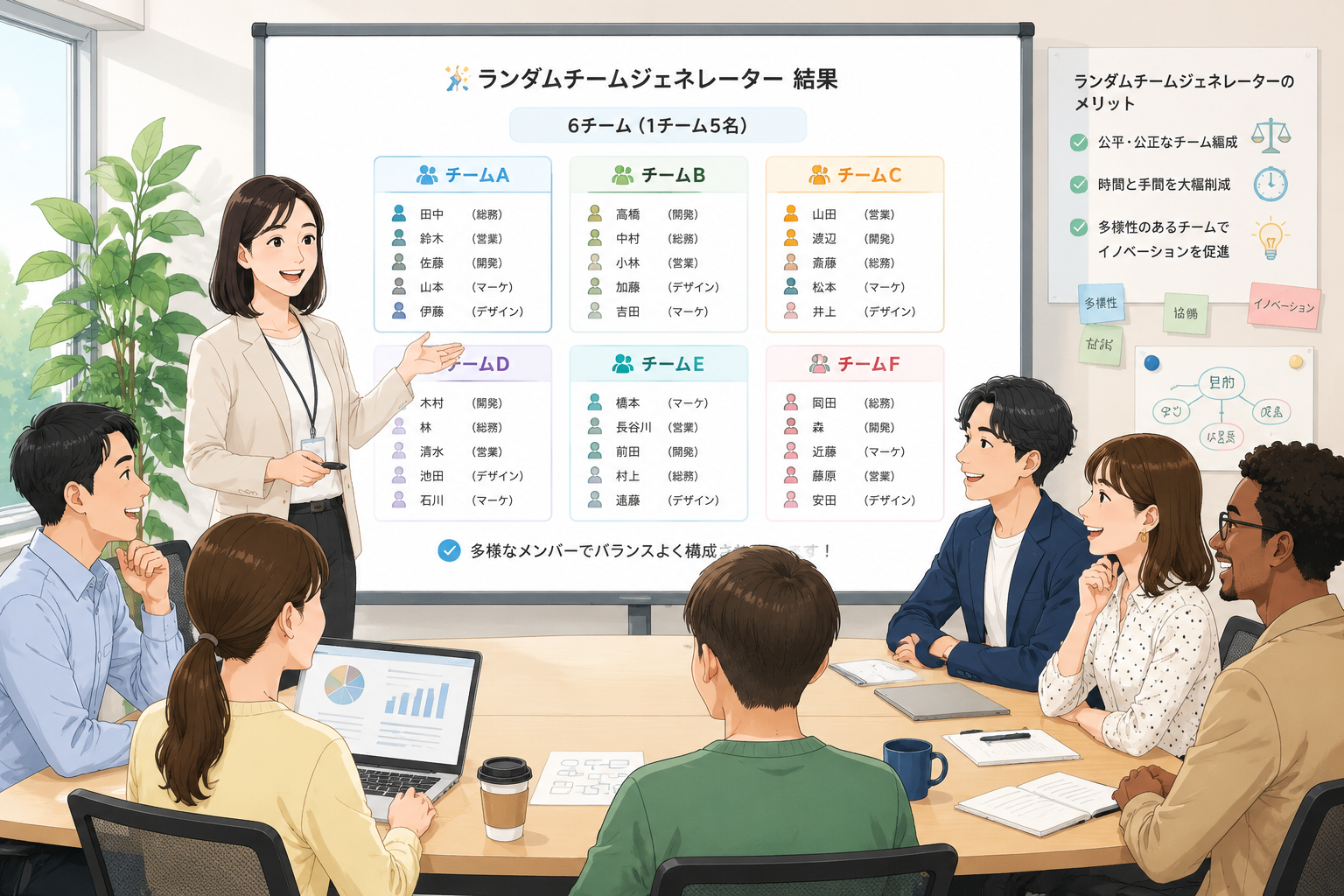 多様な従業員が集まる会議室で、ホワイトボードに映されたランダムグループ分けの結果を笑顔で確認する人事担当者と社員たちのイラスト