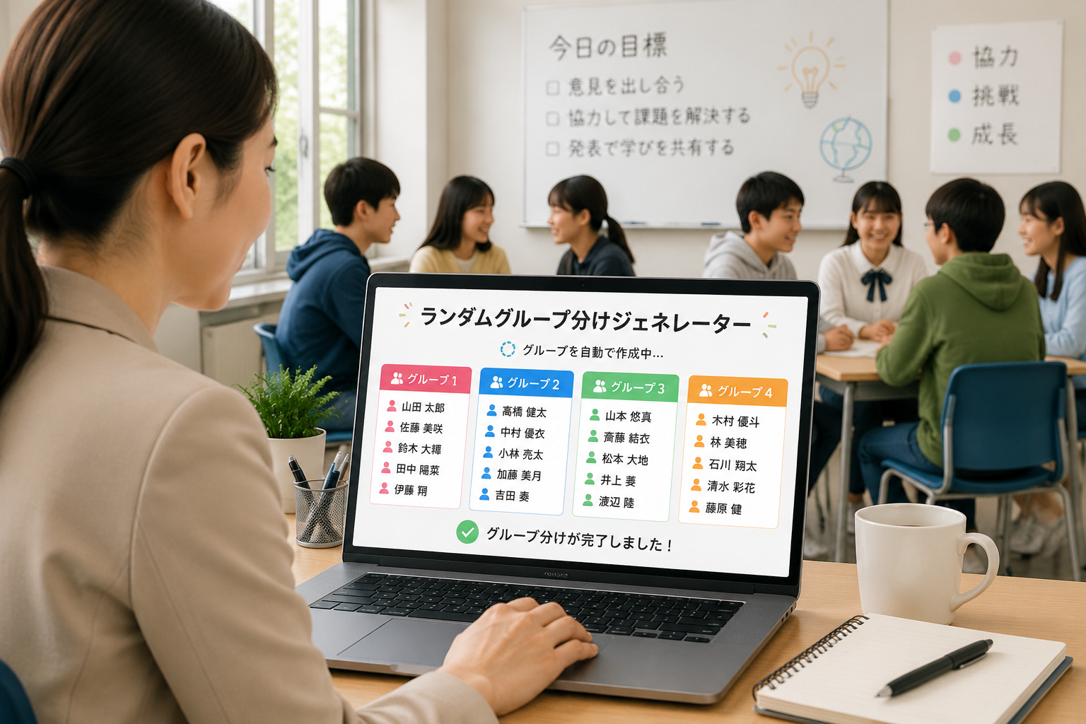 教師がラップトップ上のランダムグループ分けジェネレーターを使い、画面上に生徒名が自動で4つのカラフルなグループに振り分けられる様子。