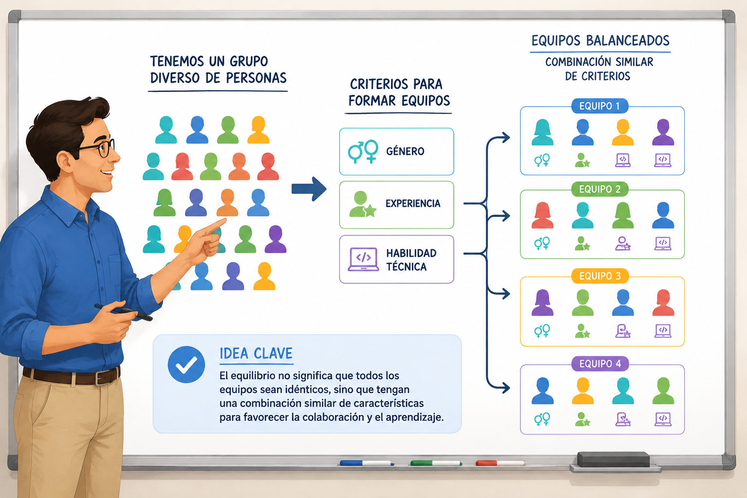 Ilustración de un facilitador dividiendo siluetas de personas coloreadas según distintos criterios —género, experiencia, habilidad técnica— para lograr equipos balanceados, fondo limpio estilo pizarra.