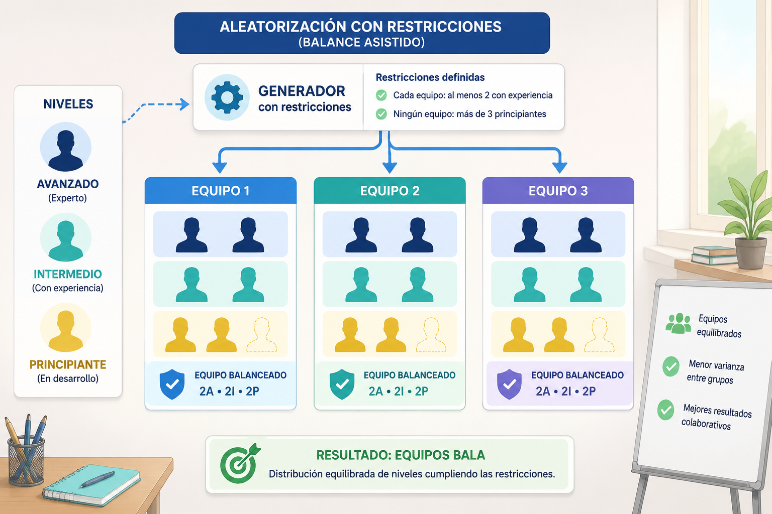 Esquema simple con tres columnas que representan equipos y siluetas con etiquetas de nivel: avanzado, intermedio, principiante. Las flechas muestran cómo un generador con restricciones distribuye cada nivel por igual en las tres columnas, logrando equipos balanceados.