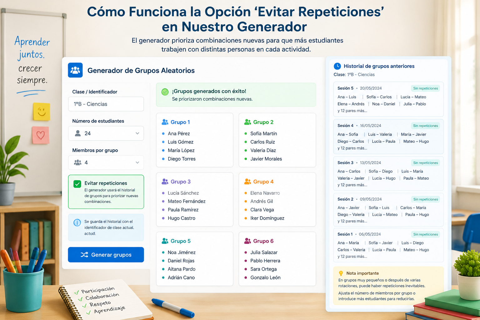 Interfaz del generador mostrando la casilla "Evitar repeticiones" activada y un log de grupos previos en columna lateral.