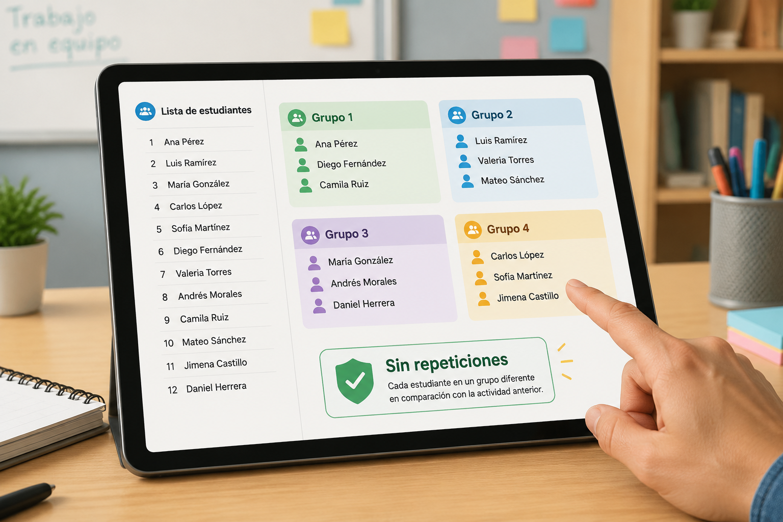 Plano detalle de una mano señalando la pantalla de una tablet donde se ve una lista de nombres y varios grupos coloreados, con una insignia que dice "Sin repeticiones".