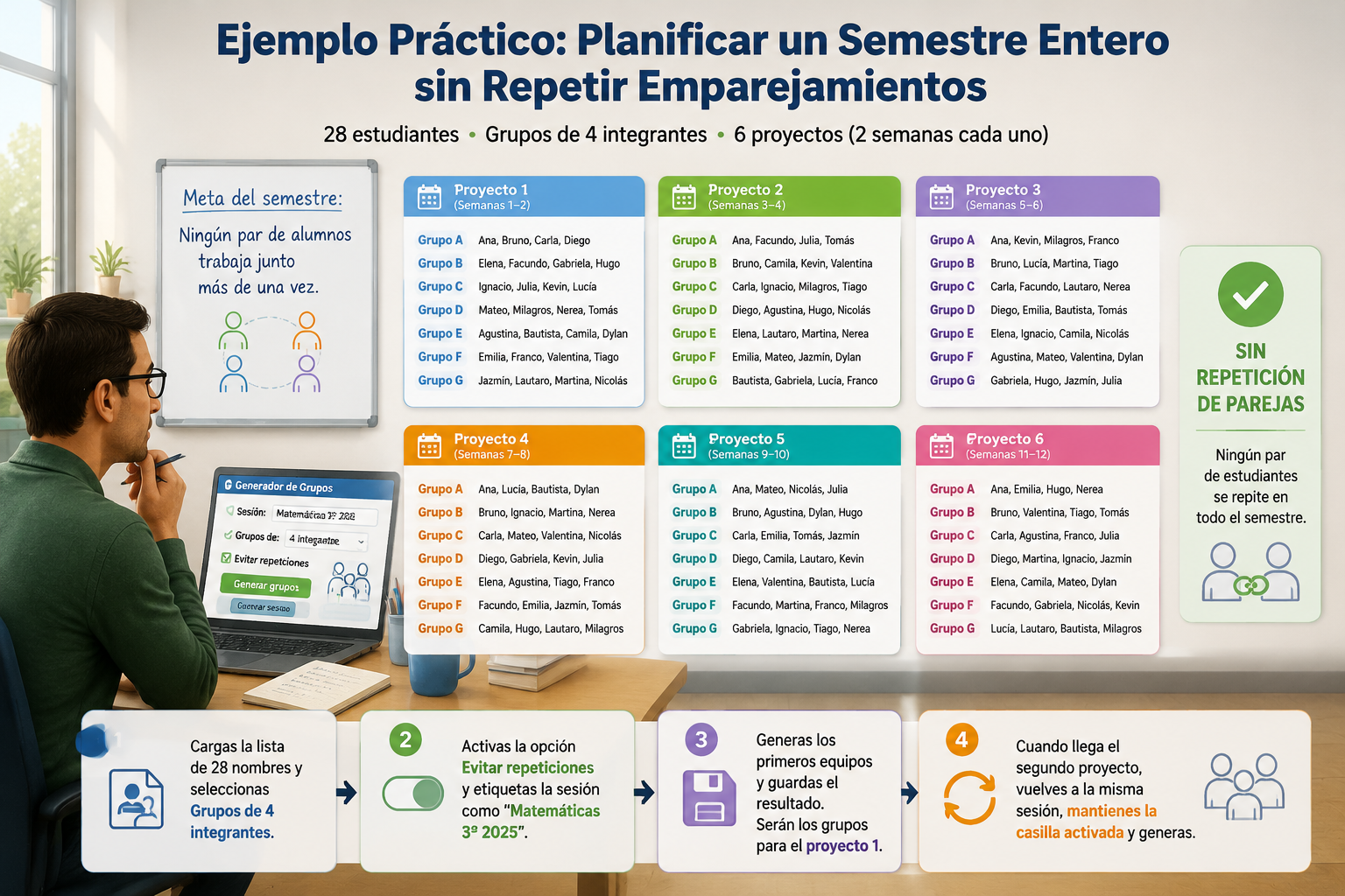 Calendario semestral con seis bloques de actividad, cada uno con sus grupos etiquetados y una marca de verificación que indica "sin repetición de parejas".