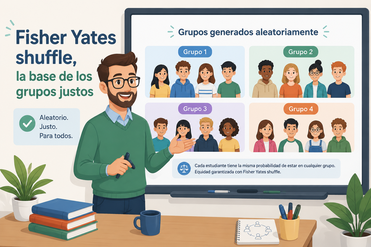Ilustración de un profesor sonriente frente a una pantalla que muestra grupos de estudiantes bien distribuidos, acompañada del texto “Fisher-Yates shuffle, la base de los grupos justos”. Estilo plano y amigable.
