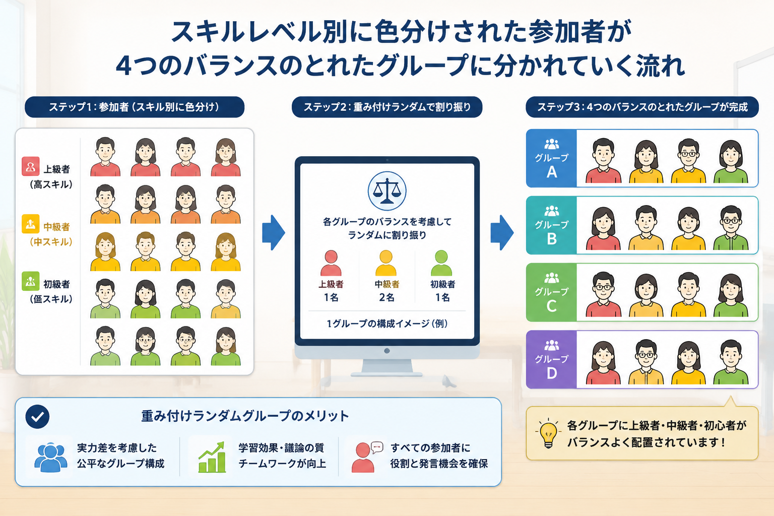 スキルレベル別に色分けされた参加者が4つのバランスのとれたグループに分かれていく流れを示すイラスト