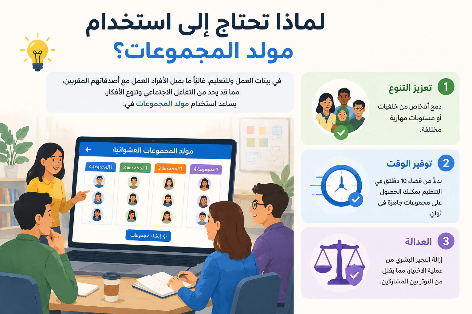 editorial knowledge graph illustration about لماذا تحتاج إلى استخدام مولد المجموعات؟. Section context: في بيئات العمل والتعليم، غالباً ما يميل الأفراد للعمل مع أصدقائهم المقربين، مما قد يحد من التفاعل الاجتماعي وتنوع الأفكار. يساعد استخدام مولد المجموعات في: 1