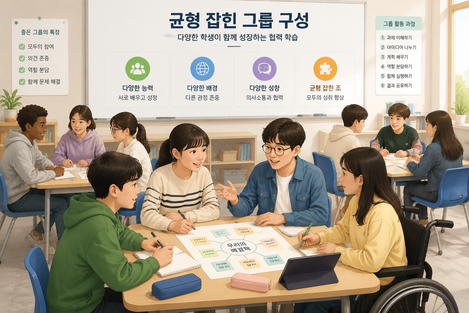 다양한 능력과 배경을 가진 학생들이 균형 잡힌 소그룹으로 나뉘어 협업하는 모습을 보여주는 교실 삽화