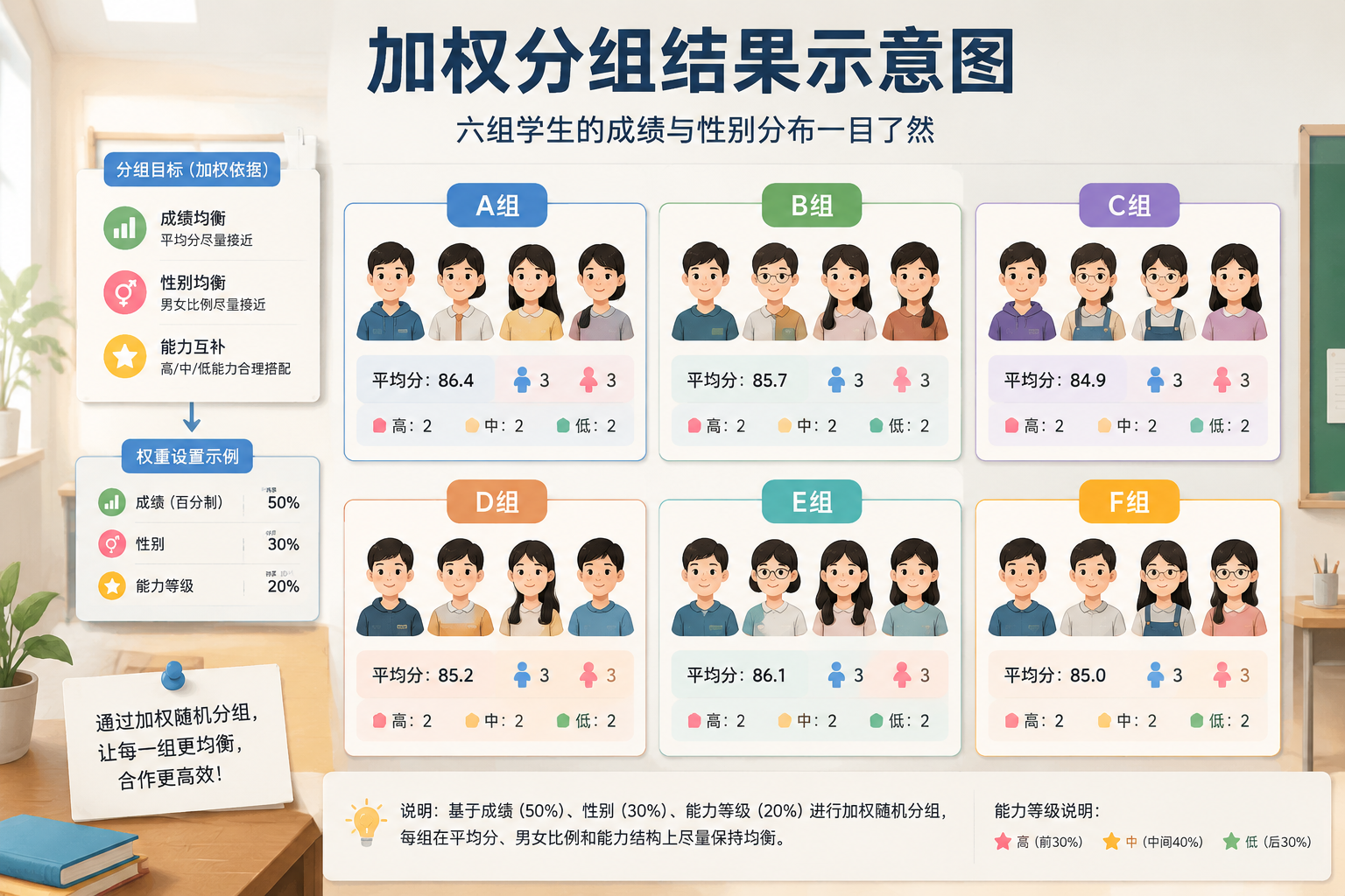 加权分组结果示意图,六组学生的成绩与性别分布一目了然
