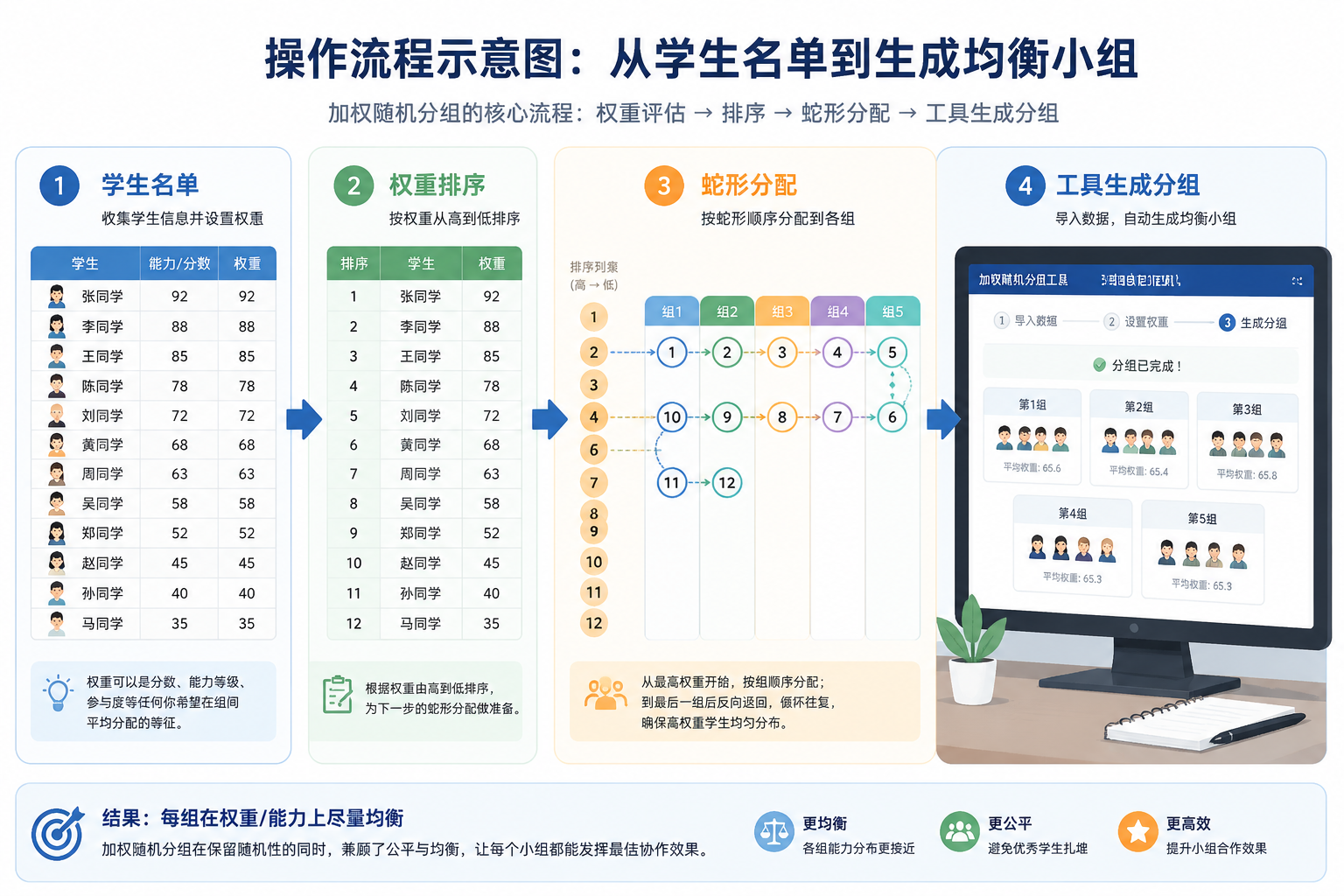 操作流程示意图,显示学生名单、权重排序、蛇形分配、再到工具界面生成分组的步骤