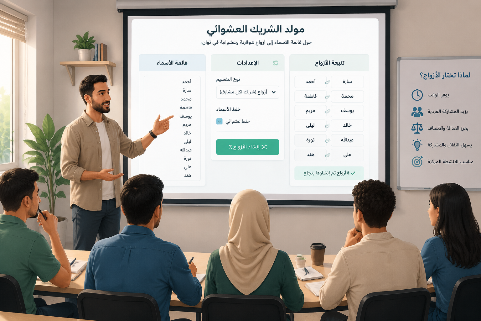 A clean illustration of a classroom with a projector screen showing a random pair generator interface dividing student names into pairs